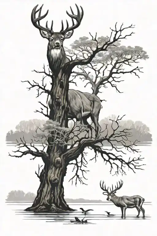 black and white image of buck deer standing alert near by dead tree and mallards flying by swampy area tattoo design idea