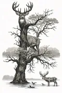 black and white image of buck deer standing alert near by dead tree and mallards flying by swampy area tattoo design idea
