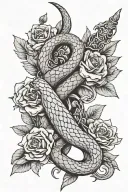 2 snakes wrapped around dagger with flowers on back tattoo design idea