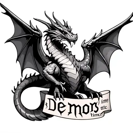 dragon tattoo with full wings spread and the words "it's time" and "demons" tattoo design idea