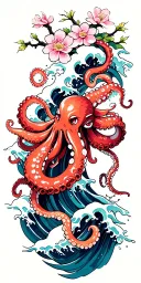 japaense water waves, cherry blossoms scattered, octopus tentacles wrapped around tattoo design idea