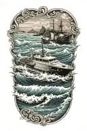 ocean waves, boat, camouflaged, navy seals, all merging  tattoo design idea