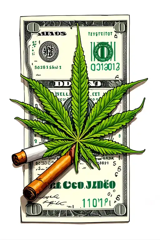 weed leaf with a realistic blunt laying on the money surrounding it tattoo design idea