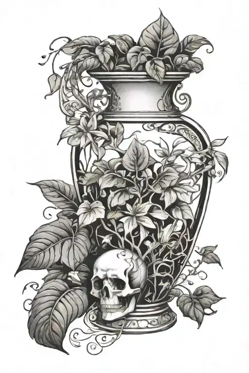 tall ornate vase that has cracks that  pothos growing the top, the roots pushing away shards of glass out the bottom tattoo design idea
