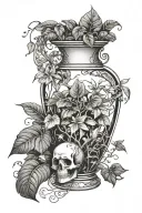 tall ornate vase that has cracks that  pothos growing the top, the roots pushing away shards of glass out the bottom tattoo design idea