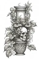 tall ornate vase that has cracks that  pothos growing the top, the roots pushing away shards of glass out the bottom tattoo design idea