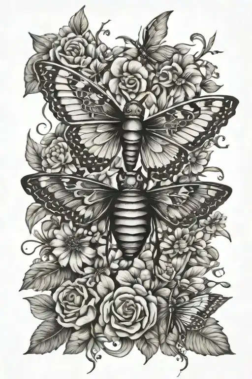 butterfly, dragonfly, owl and flowers surrounding turtle and starfish tattoo design idea