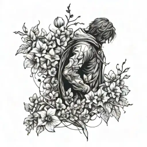 A mysterious figure from Death Stranding surrounded by a field of blooming flowers tattoo design idea