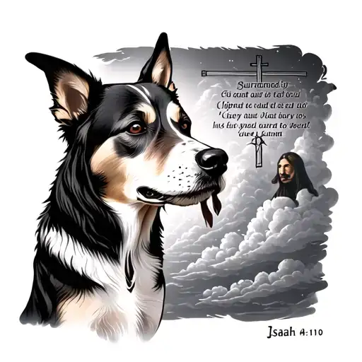 a dog next to jesus christ with a verse written surrendering with clouds and lights with a cross with Isaiah 41:10 tattoo design idea