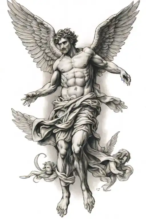 icarus falling from sky with greek gods looking down upon him. left arm sleeve tattoo design idea
