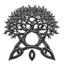 Show me an image of a Celtic Serch Bythol symbol with a tree of life intertwined and connected on the top of the symbol tattoo design idea