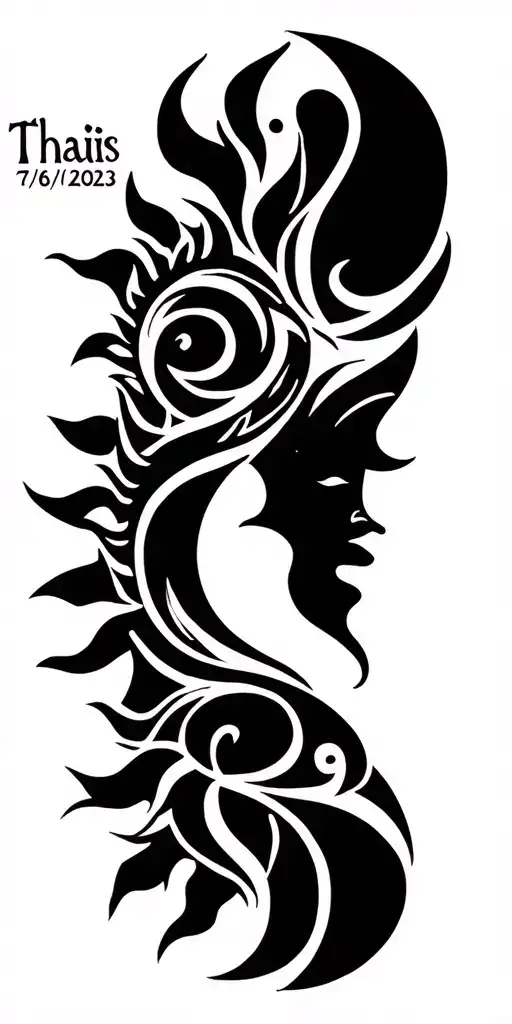 "Thais 7/6/2023" Sun and Moon tattoo design idea