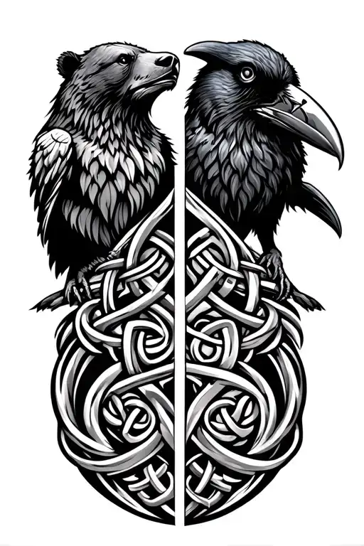 Celtic/ Anglo Saxon Bear and raven side by side with knotwork and a tyr rune tattoo design idea