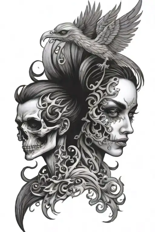 skull and phoenix and woman face tattoo design idea
