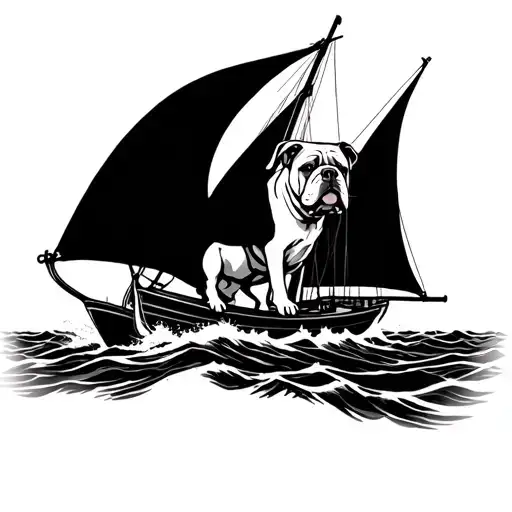 Illustrate an English bulldog steering a sailboat through rough waters to represent your favorite pet and your adventurous spirit tattoo design idea
