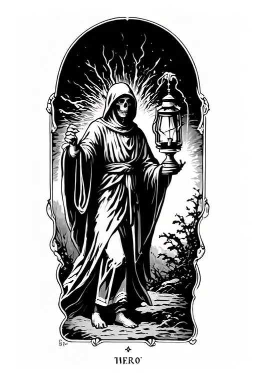 ThThe hermit tarot walking sideways in darkness holding lantern emitting light. Skull face cloaked in hood tattoo design idea