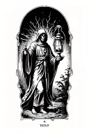 ThThe hermit tarot walking sideways in darkness holding lantern emitting light. Skull face cloaked in hood tattoo design idea