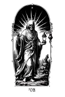 ThThe hermit tarot walking sideways in darkness holding lantern emitting light. Skull face cloaked in hood tattoo design idea