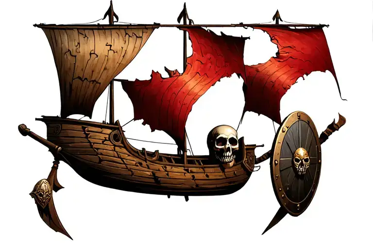 Viking ship with torn sails, broken planks, Viking shields on the sides, on the bow there is supposed to be a skull with tattoo design idea