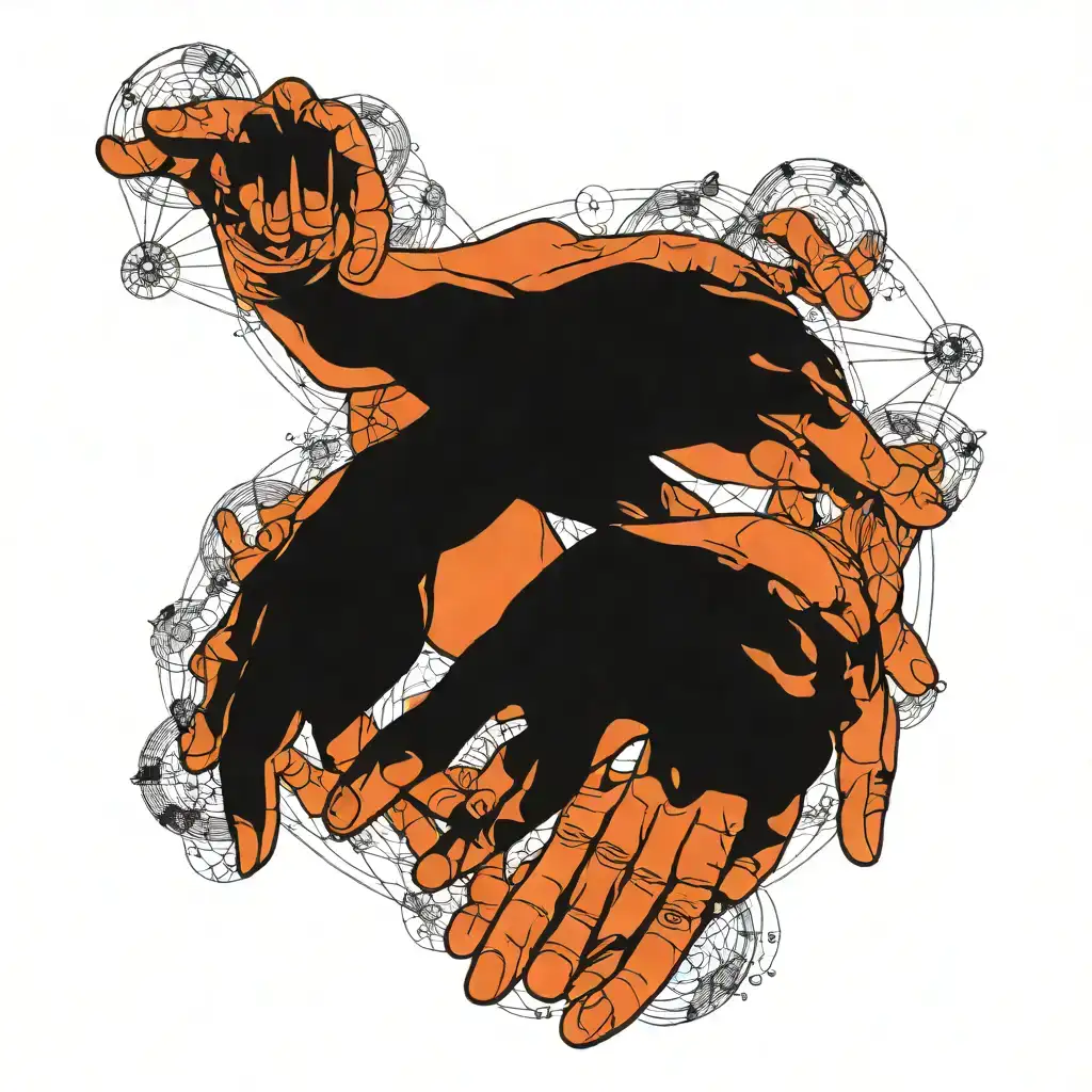 Design a detailed hand tattoo inspired by Michelangelo's 'Creation of Adam.' The tattoo features two hands reaching toward each other, with one hand being skeletal and the other a realistic human hand. The composition includes geometric elements such as lines and dots that intersect the hands, creating a modern, abstract feel. Circular shapes and radial lines emanate from the central point where the fingers almost touch, adding depth and dimension to the design. The overall style is a blend of classic art and modern minimalism, using fine black ink lines with detailed shading. tattoo design idea