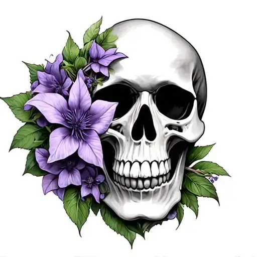 skull and purple clematis flowers intertwined tattoo design idea