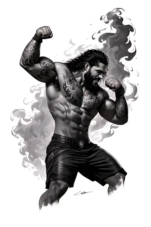 Roman reigns wwe wrestling smoke fire flexing both arms tribal tattoos  tattoo design idea