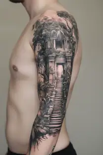 jungle ancient ruins hidden message tattoo design idea