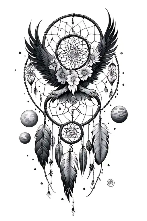 mandala dreamcatcher with phoenix, flowers and planets aligned tattoo design idea