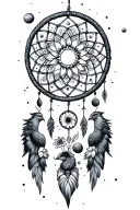 mandala dreamcatcher with phoenix, flowers and planets aligned tattoo design idea
