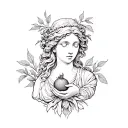 baroque style bust of Persephone holding a pomegranate, surrounded by nature tattoo design idea