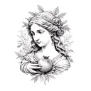 baroque style bust of Persephone holding a pomegranate, surrounded by nature tattoo design idea