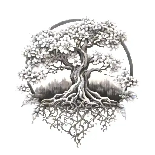 Tree of Life with chrysanthemum flower tattoo design idea