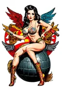 Sexy pin up girl, side profile, full body view, petite, large boobs, Army, straddling large painted bomb with tail fins tattoo design idea