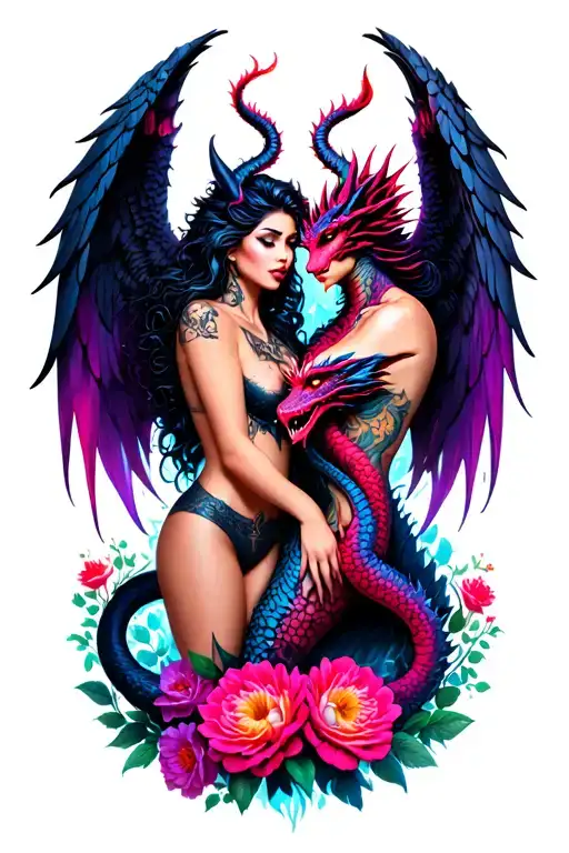 sexy demon and angel with dragon intertwined mostly blacks purples reds neon with flowers full coverage  tattoo design idea