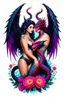 sexy demon and angel with dragon intertwined mostly blacks purples reds neon with flowers full coverage  tattoo design idea