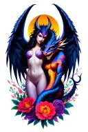 sexy demon and angel with dragon intertwined mostly blacks purples reds neon with flowers full coverage  tattoo design idea