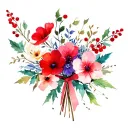 whole boquet, cosmos red, holly red berries, sakura, primrose, violet, with ribbon tattoo design idea