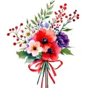 whole boquet, cosmos red, holly red berries, sakura, primrose, violet, with ribbon tattoo design idea