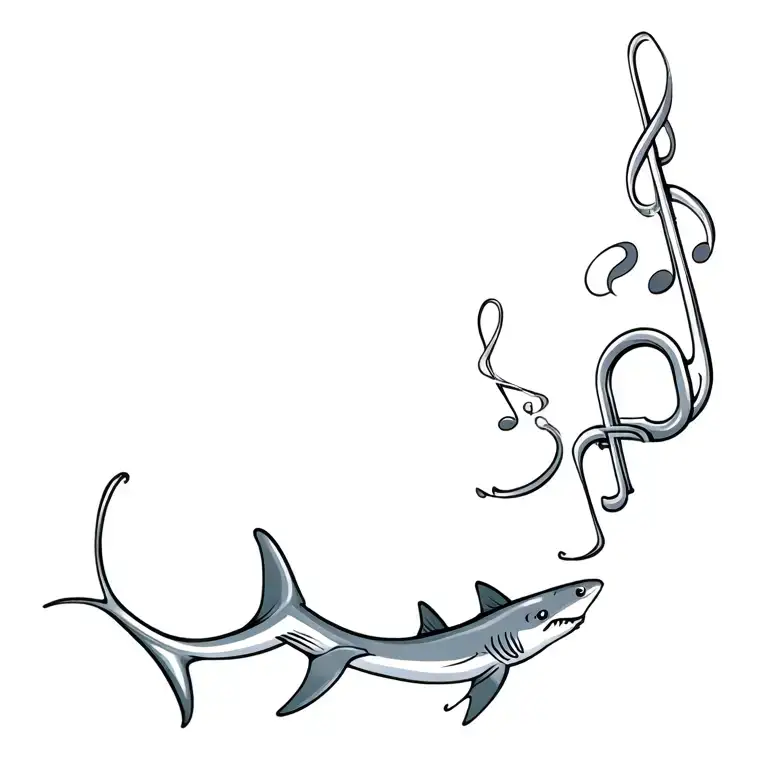 Trumpet, notes are coming out of it but be creative as the notes should lead to scuba diving and sharks tattoo design idea
