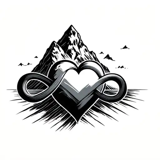 heart with infinite logo combined together with thick lined mountain behind it tattoo design idea