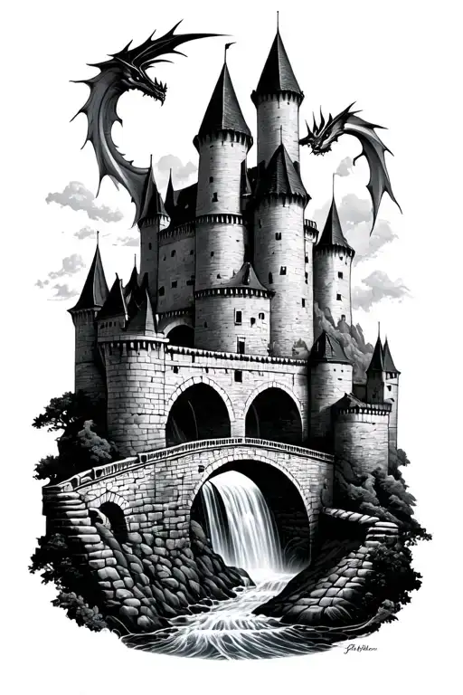 Right Forearm highly detailed tattoo in black ink of medieval castle fortification with bridge, waterfall and dragons  tattoo design idea