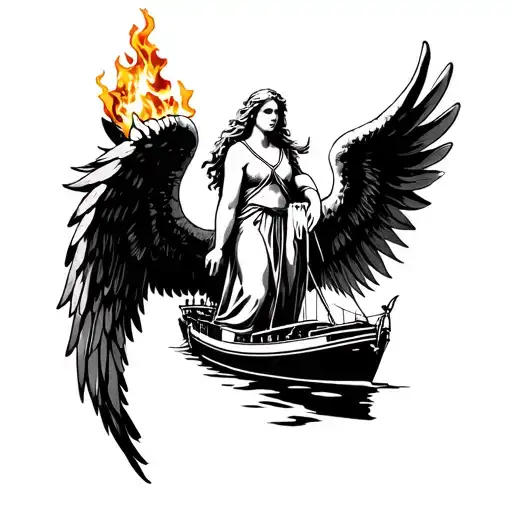 Boats burning, angel with open wings tattoo design idea