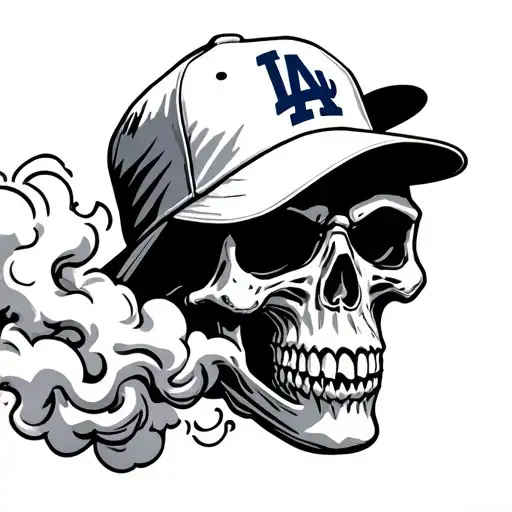grim reaper skull wearing dodgers hat blowing smoke and Azusa mountains tattoo design idea