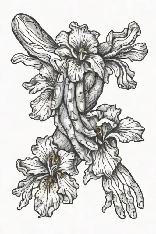 hands reaching towards each other / iris flowers tattoo design idea