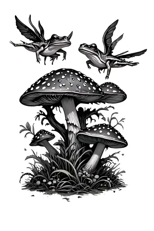 flying toads on infected mushrooms in the middle of a bushy jungle tattoo design idea