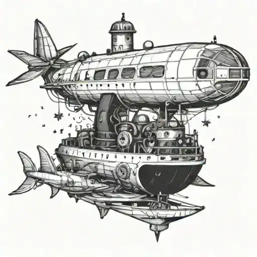 A steampunk-inspired submarine navigating through a sea of stars tattoo design idea
