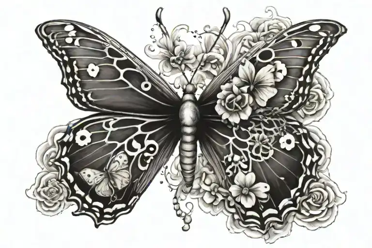 3d mopho butterfly with infinity symbol and small paw print tattoo design idea