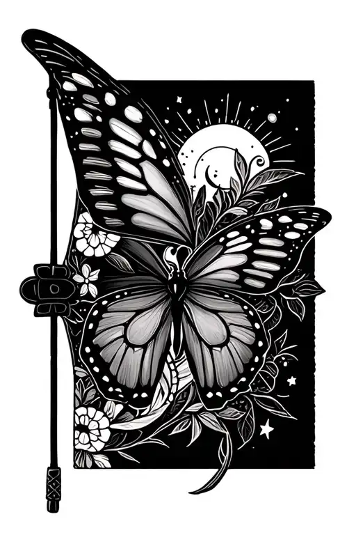 omamori tattoo that incorporate butterfly, stars, moon, and sun tattoo design idea