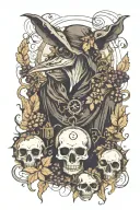 plague doctor in black hood, holding a compass, surrounded by vines and blackberries tattoo design idea