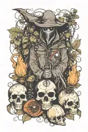 plague doctor in black hood, holding a compass, surrounded by vines and blackberries tattoo design idea
